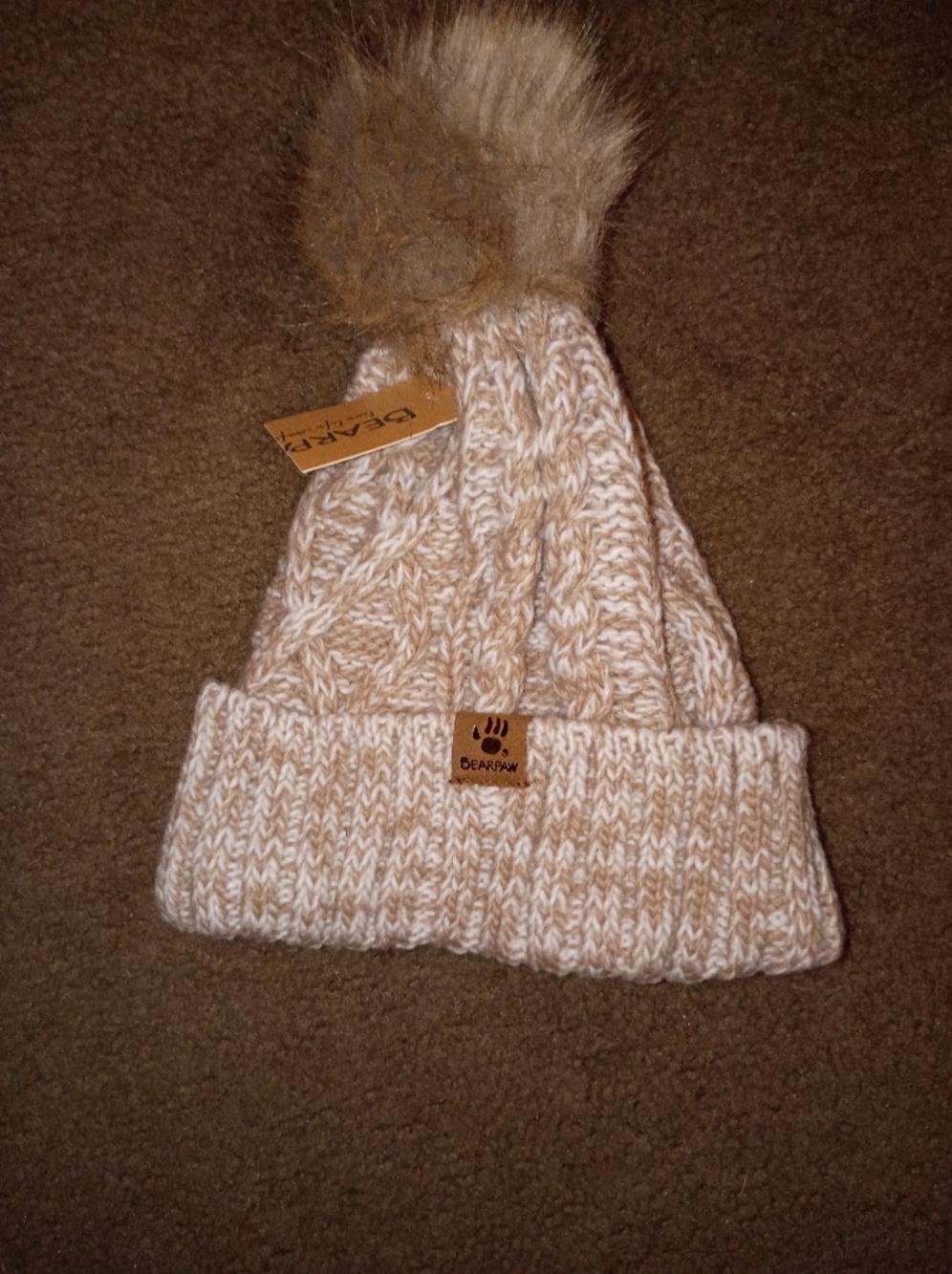 BearPaw Cream and Tan Marled Cable Knit Women’s Beanie